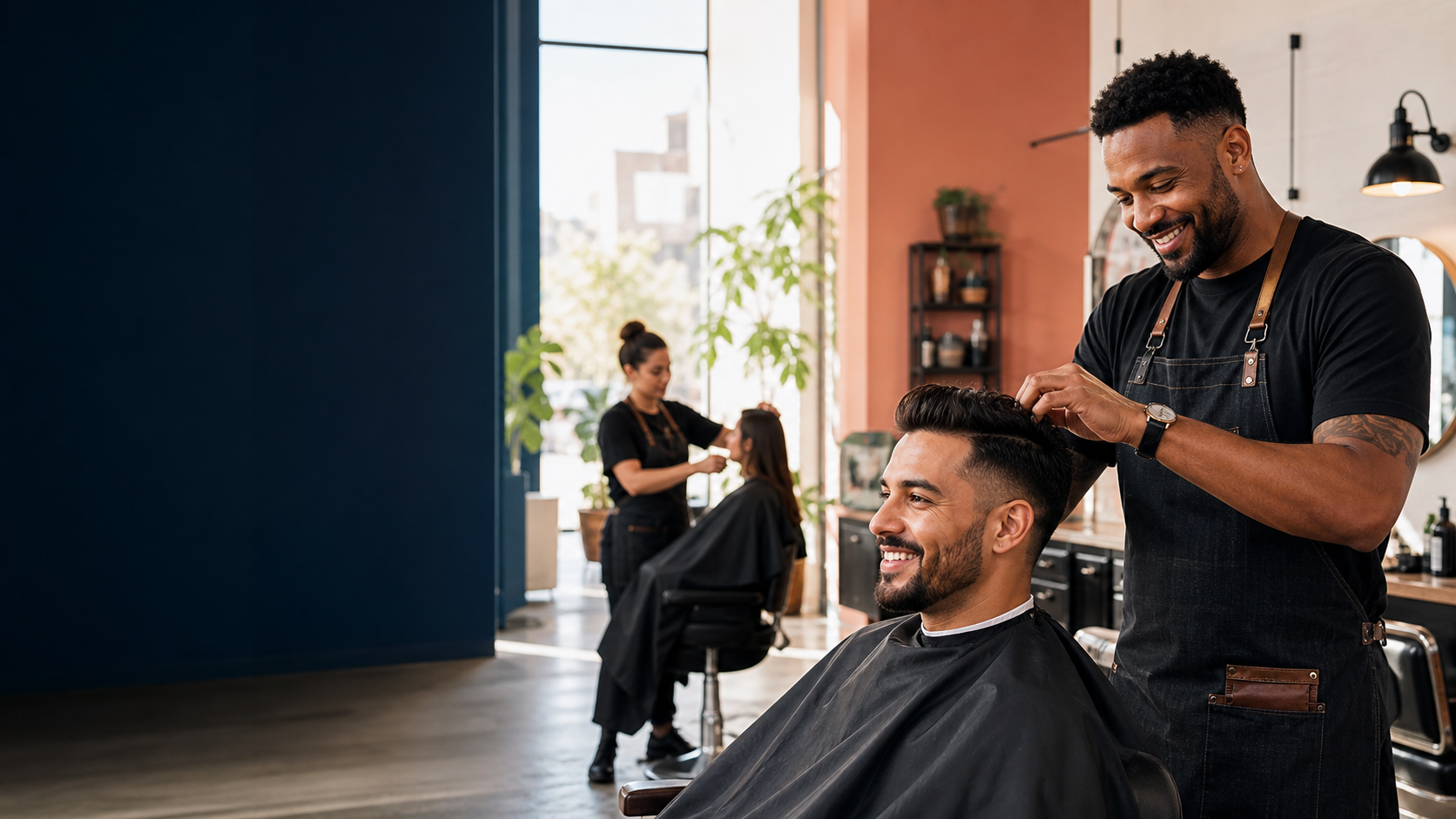 Barber finishing a client haircut